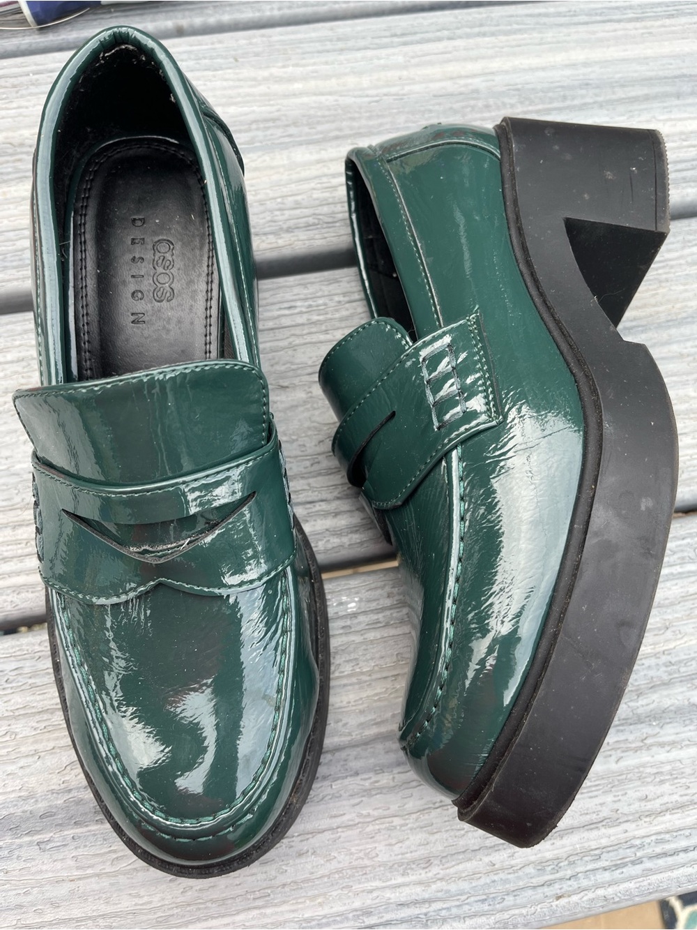 Asos Womens Dark Green Patent Platform Loafers Chunky y2K 9